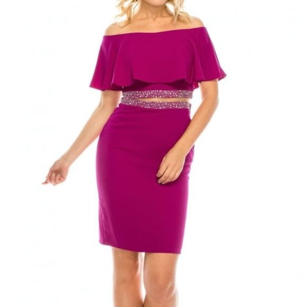 Magenta Sheath Off The Shoulder Cocktail Dress